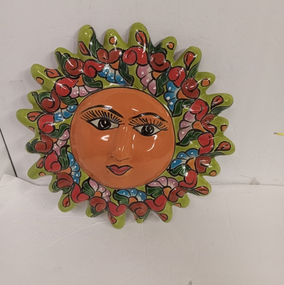 Mexican Handpainted Terra cotta Sun Face Wall Art 12" Cobalt - Picture 1 of 4